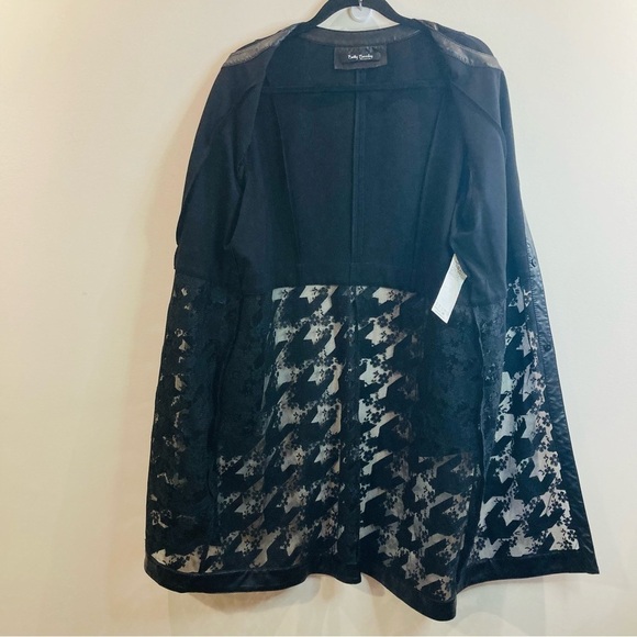 BETTY BARCLAY Sz 14 Knit Vegan Leather Houndstooth Floral Sheer Lace Long Jacket - Picture 14 of 14
